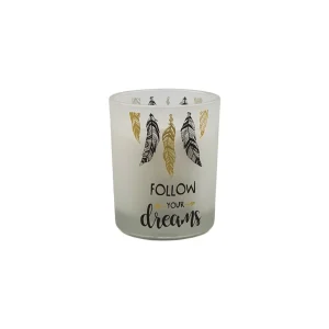 Bougie décorative Plumes “Follow your dreams” dans un pot en verre D 5.5 x H 7.0 cm durée 8 h