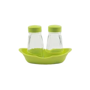 Ensemble de salière et poivrière en verre  et plastique avec 1 support