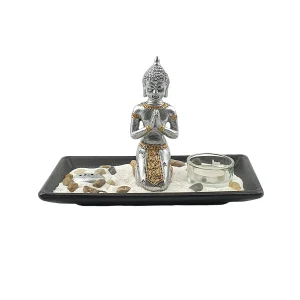 1 statue Bouddha argentée, 1 photophore et 1 porte-encens sur plateau rectangulaire en bois noir L 22 x l 12 cm