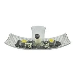 1 photophore en verre et 2 photophores en ciment avec leur bougie sur plateau rectangulaire recourbé en bois blanc et gris L 37 x l 16 cm