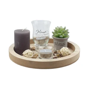 2 photophores et 2 bougies sur plateau rond en bois naturelle D 23 cm