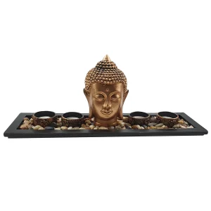 4 Photophores 1 Tête de Bouddha dorée sur plateau rectangulaire bois noir