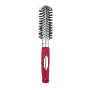 Brosse à cheveux ronde avec picots courts en finition boule en plastique argent et manche caoutchouc fuchsia Elegance Beauty