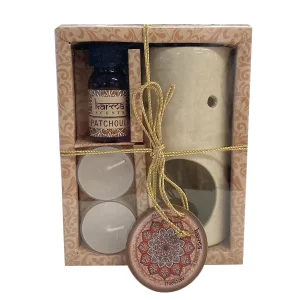 Coffret senteur Patchouli avec brûle-parfum céramique, huile parfumée et 2 bougies chauffe-plat Karma Scents