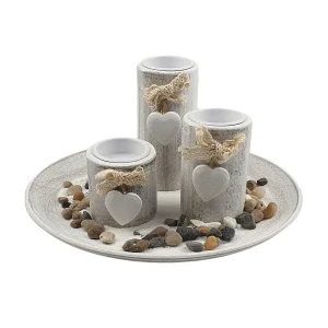 3 Photophores avec cœur sur plateau rond bois cérusé blanc Harmonia