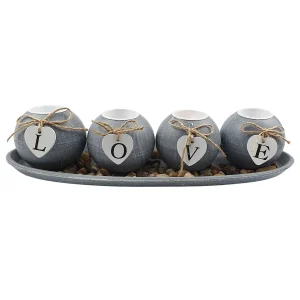 4 Photophores ronds “LOVE” sur plateau oval bois cérusé gris Harmonia
