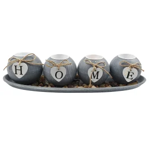 4 Photophores ronds “HOME” sur plateau oval bois cérusé gris Harmonia