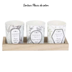 3 bougies parfumées Fleurs de coton sur  petit plateau rectangulaire bois naturelle