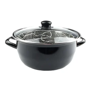 Friteuse en émail noir tous feux dont induction D 26 x H 12 cm avec panier métal et couvercle verre