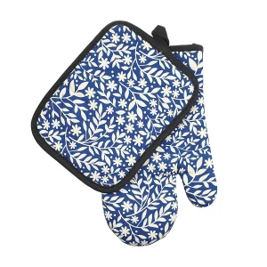 Gant de four + manique Fleurs et feuilles en coton et néoprène