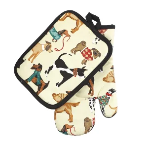 Gant de four + manique Chiens en coton et néoprène
