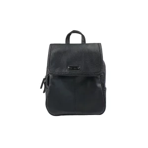 Sac à dos synthétique noir à plusieurs compartiments et pochettes L 23 x l 10 x H 28 cm avec un poignée et des bretelles réglables et réunissables en une seule Melanie