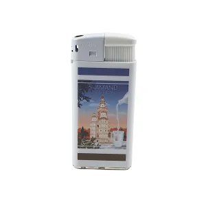 Briquet XL rechargeable Tour abbatiale Saint-Amand-les-Eaux dessin en plastique et métal blanc l 3.5 x H 8.0 cm