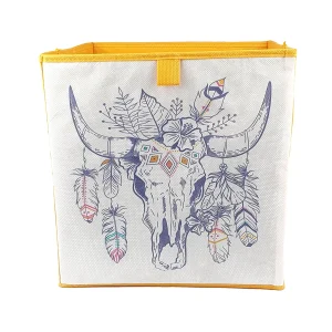 Cube de rangement pliable non tissé 31 x 31 x 31 cm crâne de vache et plumes