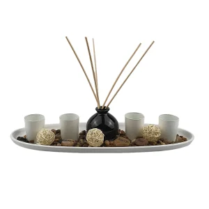 4 Photophores blancs et 1 diffuseur de parfum noir sur plateau oval en bois blanc L 51 x l 18 cm Harmonia