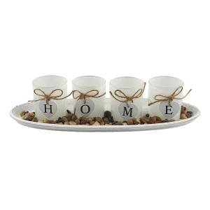 4 Photophores “HOME” sur plateau oval en bois cérusé blanc L 39 x l 14 cm Harmonia