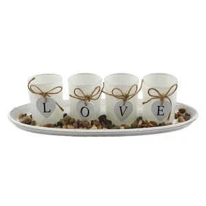 4 Photophores “LOVE” sur plateau oval en bois cérusé blanc L 39 x l 14 cm Harmonia